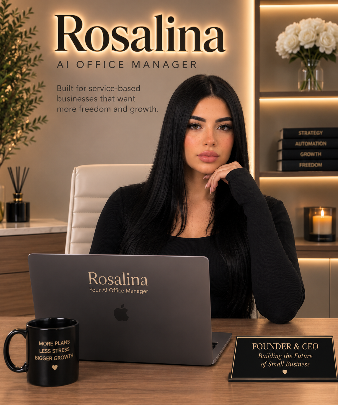 Rosalina, founder and former office manager, at her desk